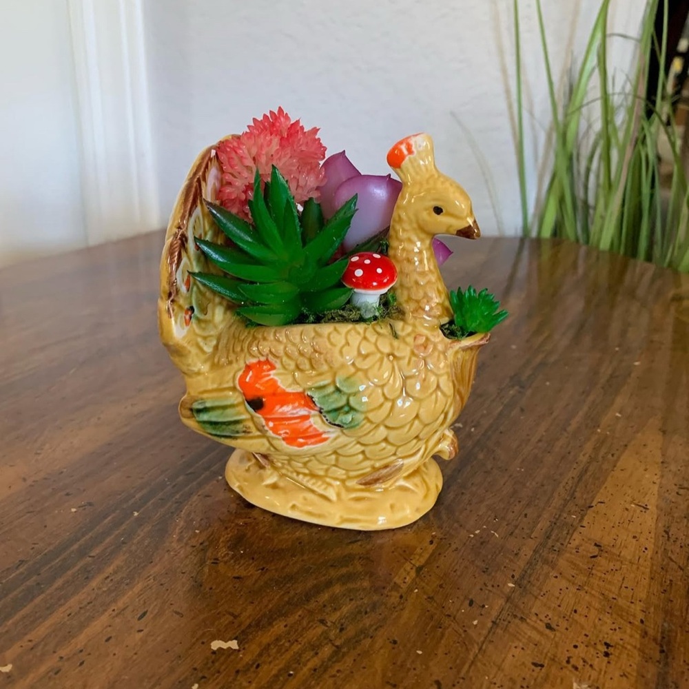 Vintage Gift Gallery Japan Peacock Planter with Faux Plants